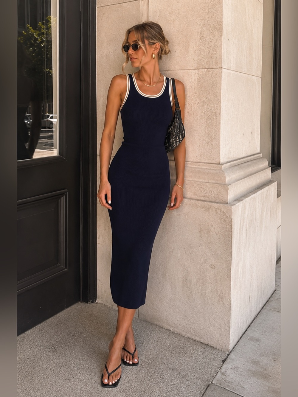 Caroline Constas New York Scoop Neck Navy Ribbed Midi Dress. White & Tan Trim. M